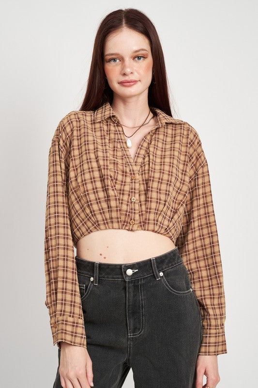 Brown Cropped Button Up Shirt With Elastic Waistband