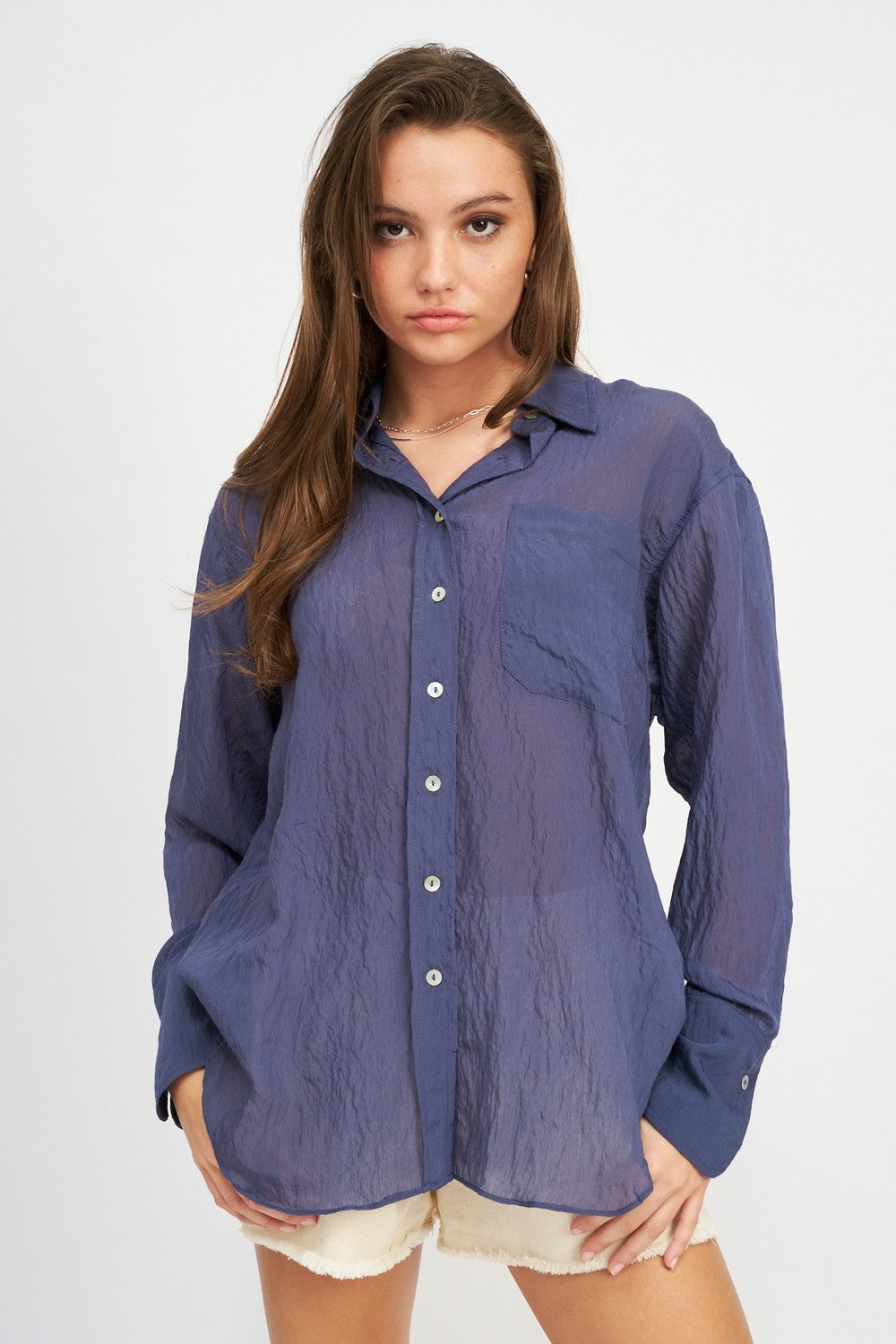 Navy Button Down Wrinkled Shirt