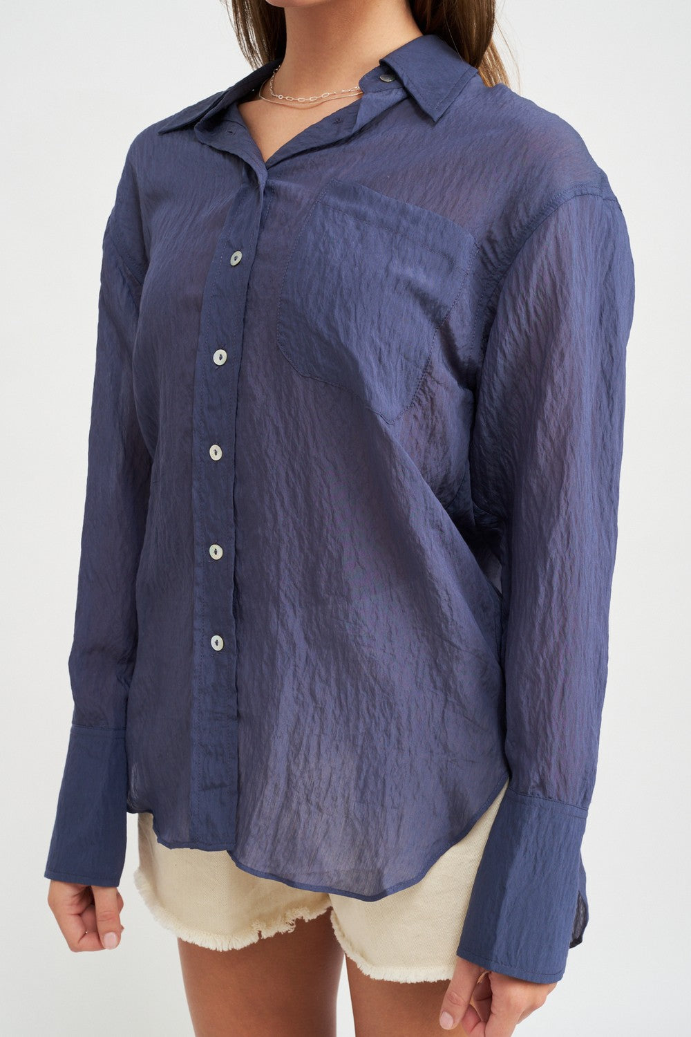 Navy Button Down Wrinkled Shirt