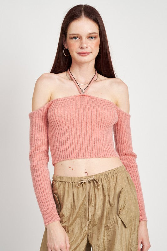 Ivory Off The Shoulder Cropped Knit Top