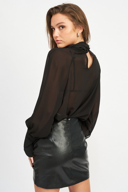 Contrasted Sheer Top With Scarf Detail