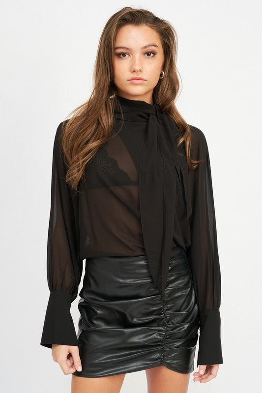 Black Contrasted Sheer Top With Scarf Detail