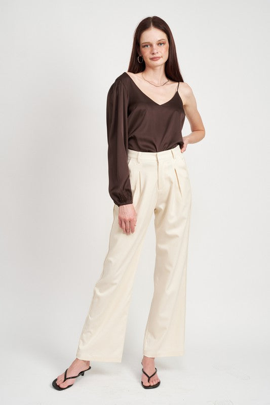 Brown One Shoulder Blouse With Spaghetti Strap