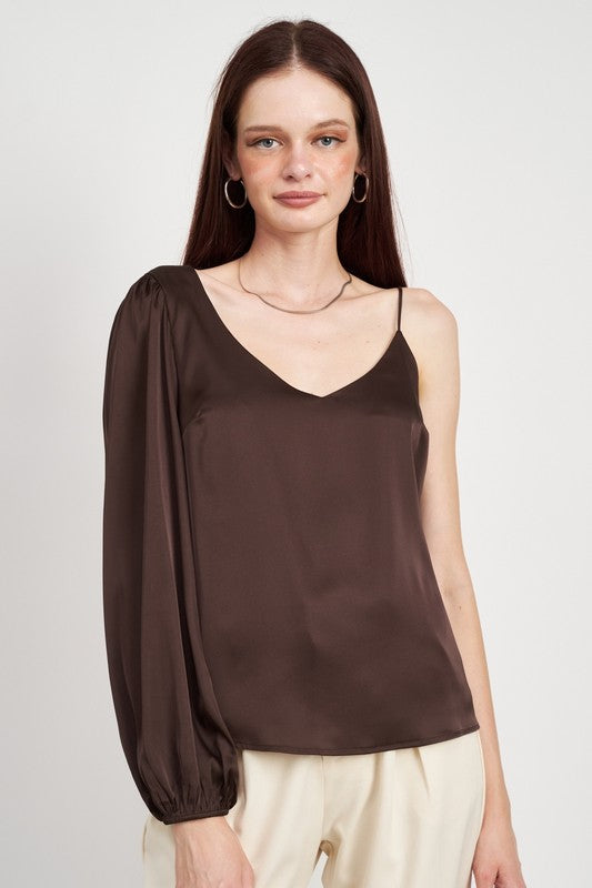 Brown One Shoulder Blouse With Spaghetti Strap