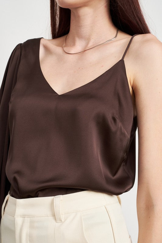 Brown One Shoulder Blouse With Spaghetti Strap