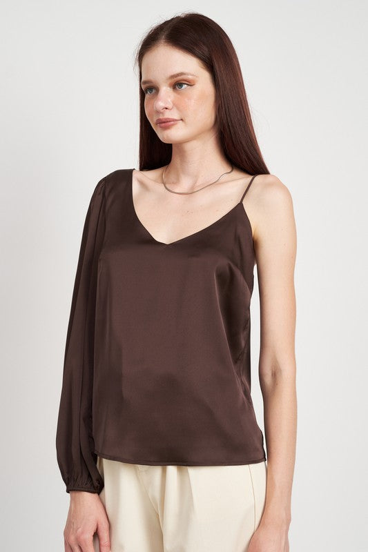 Champagne One Shoulder Blouse With Spaghetti Strap