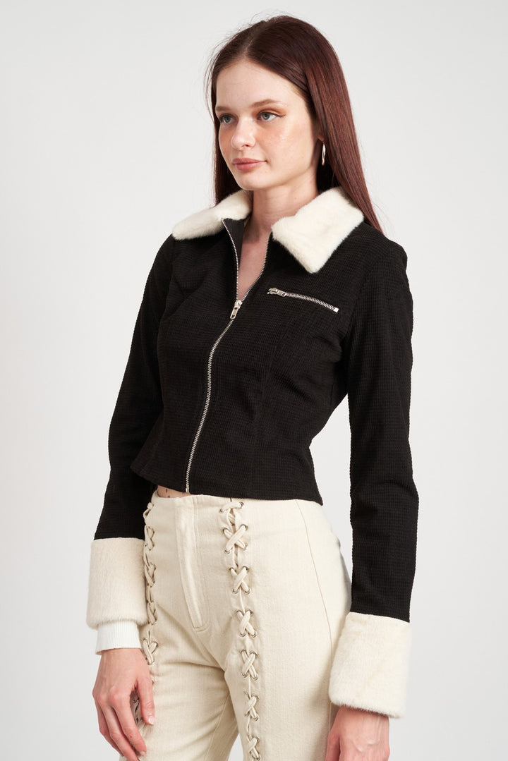 Contrasted Collar And Cuff Crop Jacket