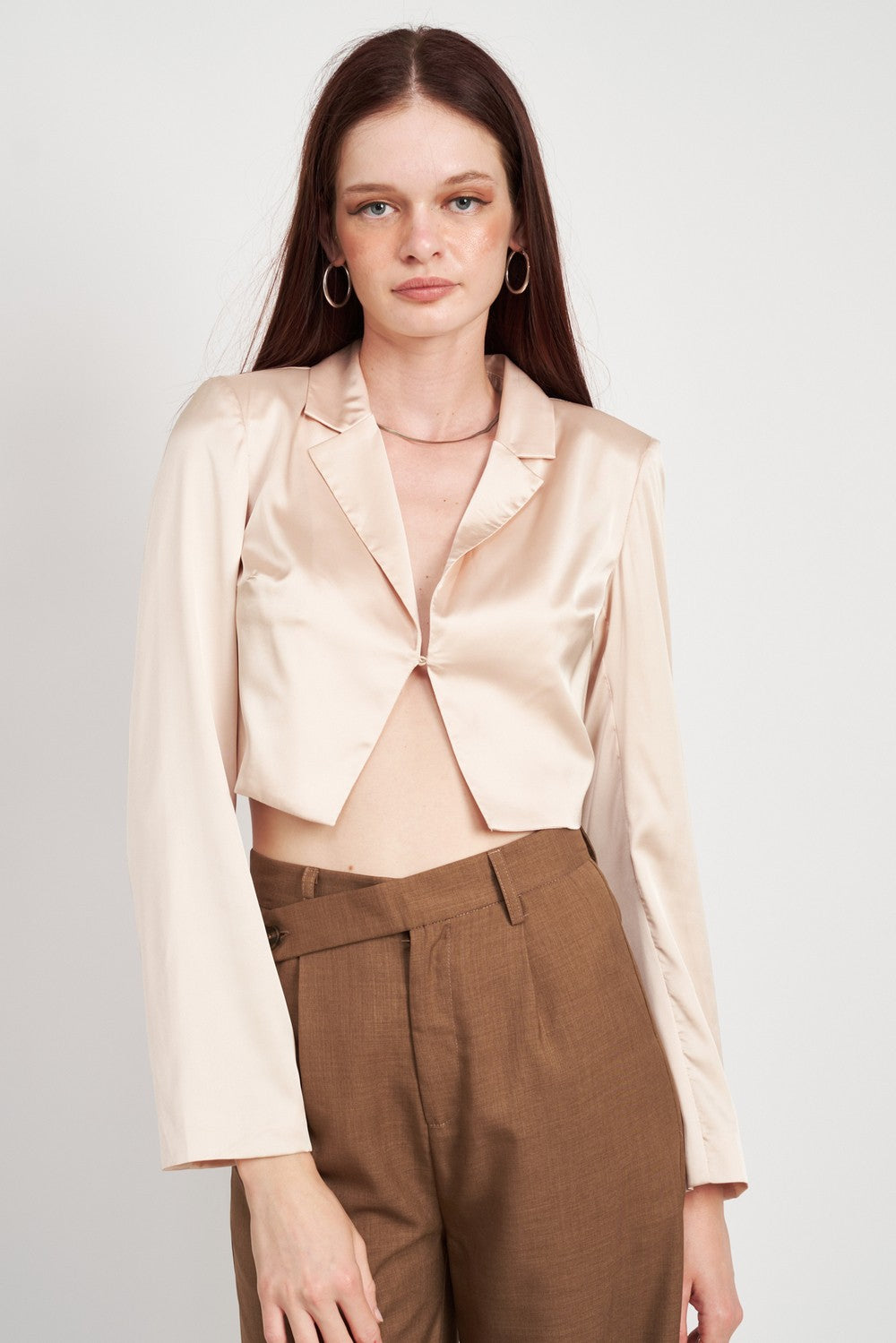 Brown V Neck Long Sleeve Cropped Top