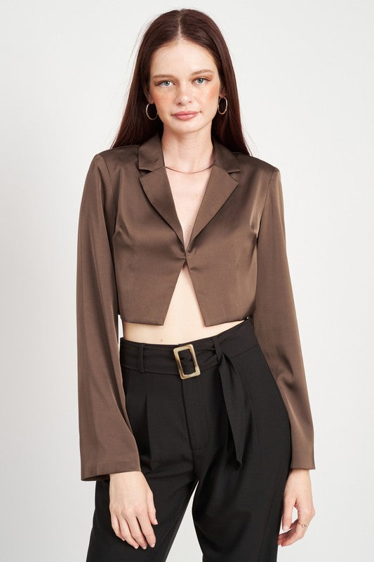 V Neck Long Sleeve Cropped Top
