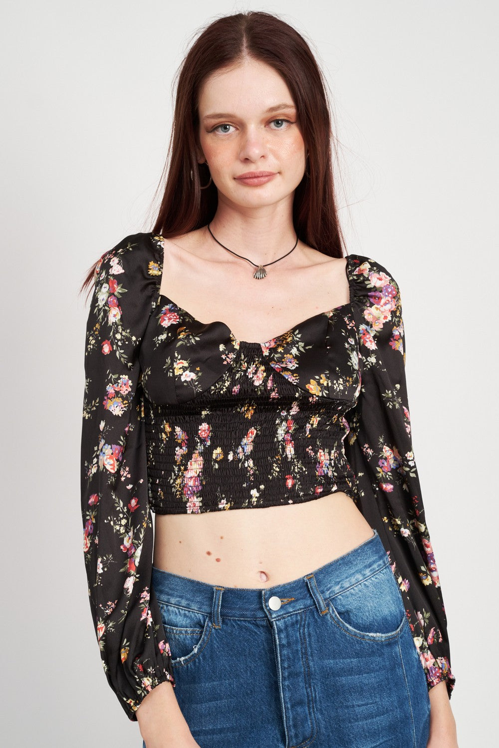 Black Floral Floral Cropped Top With Smocking