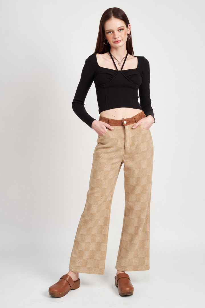 Tan Multi Plaid Wide Leg Pants
