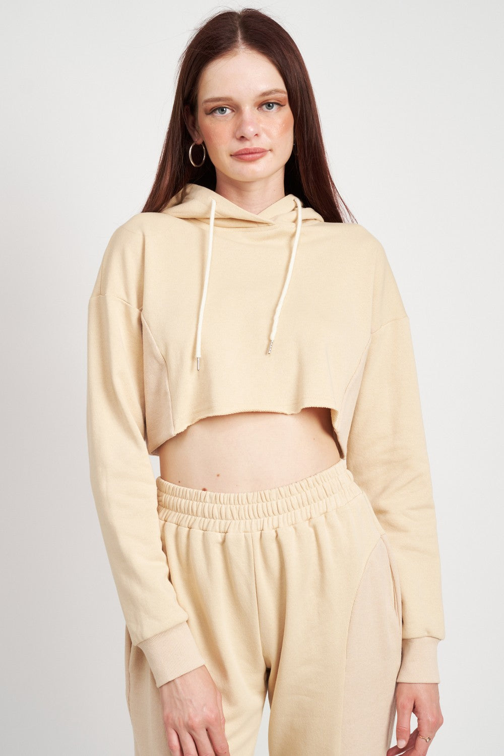 NATURAL Cropped Hoodie With Drawstrings