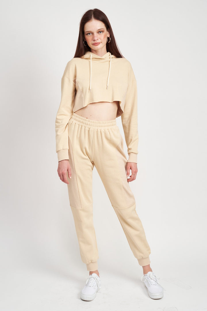 NATURAL Cropped Hoodie With Drawstrings
