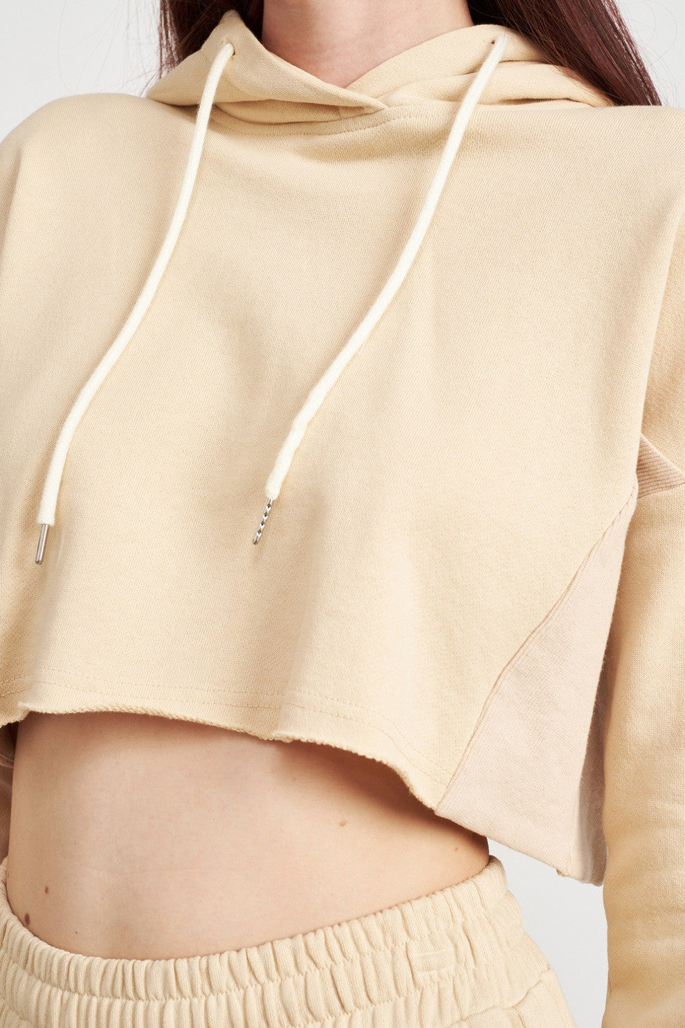 NATURAL Cropped Hoodie With Drawstrings