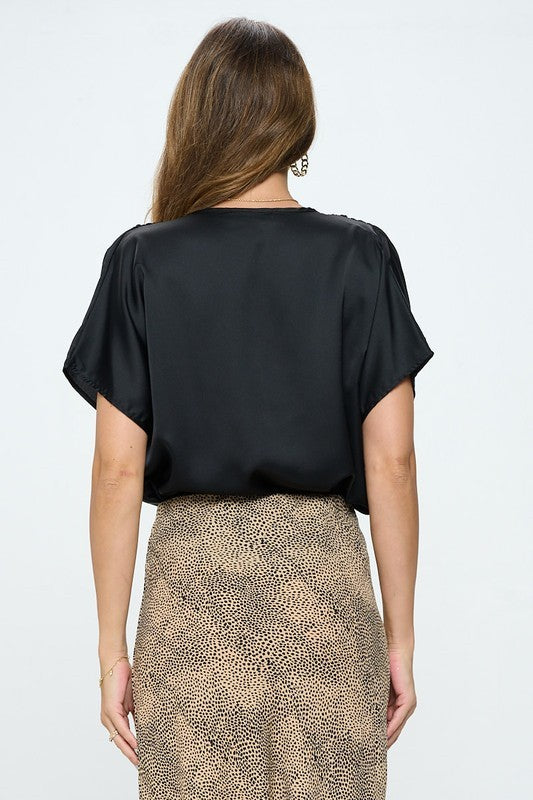 Made In Usa Satin Cowl Neck Short Sleeve Top