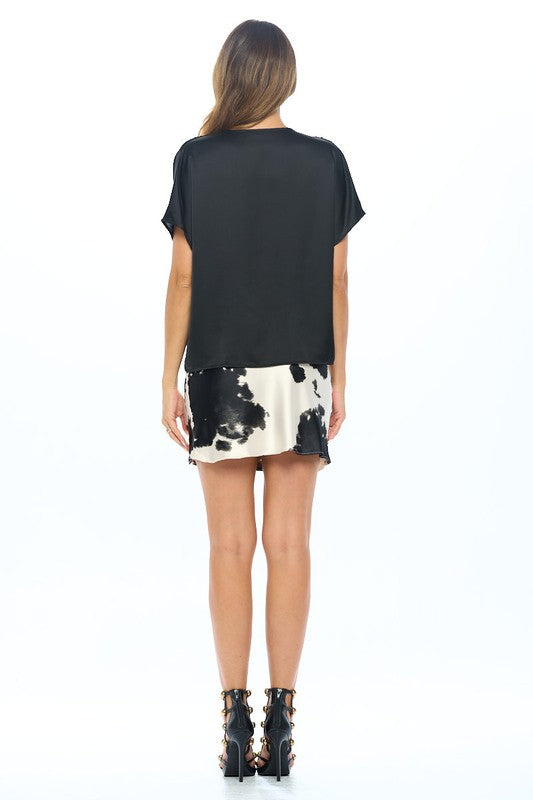 Made In Usa Satin Cowl Neck Short Sleeve Top