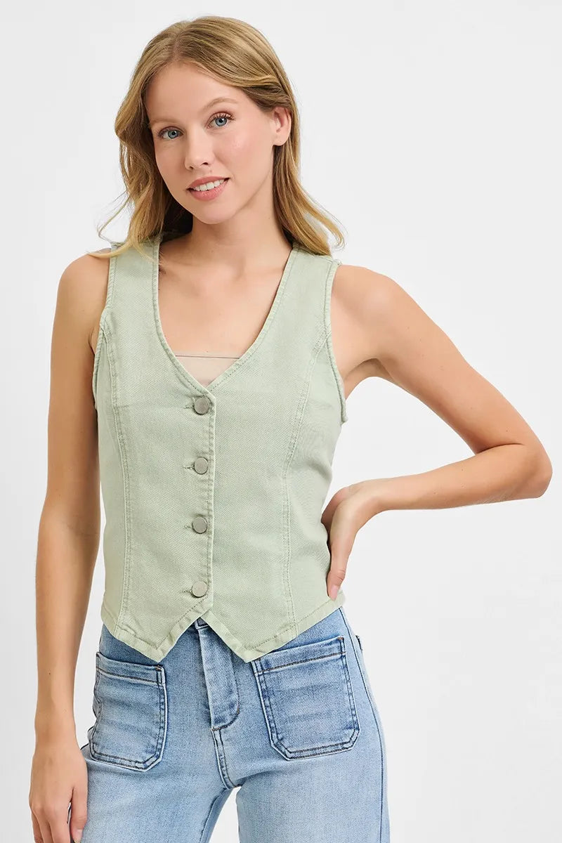Pistachio Risen Full Size V Neck Button Down Vest Plus Size 1
