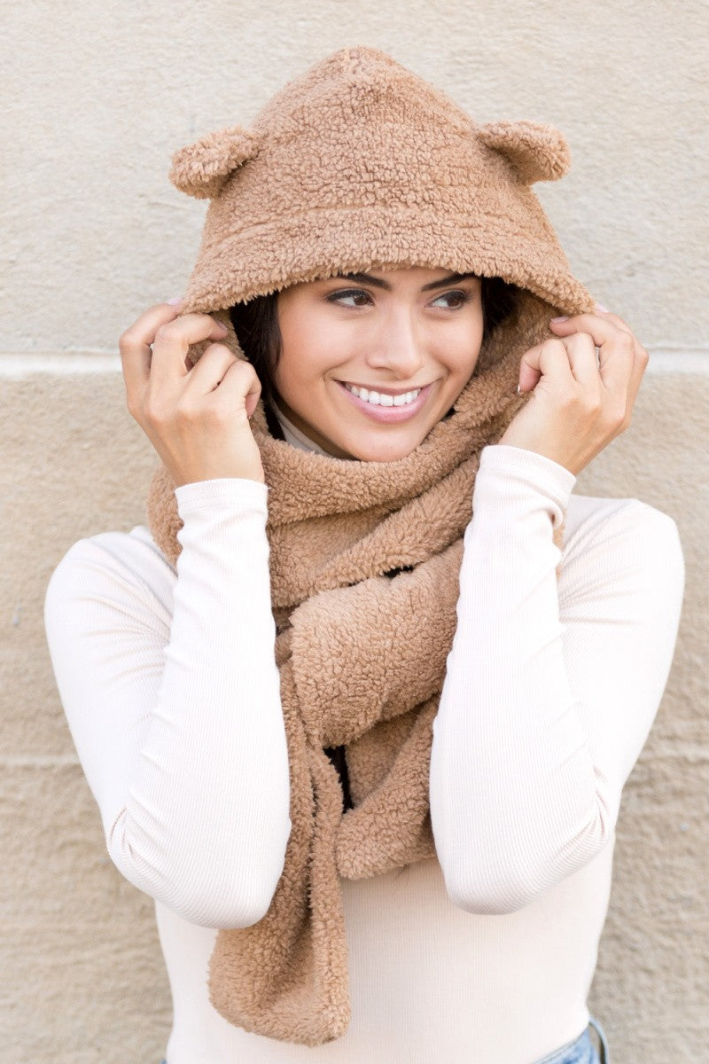 Camel Teddy Bear Hooded Scarf