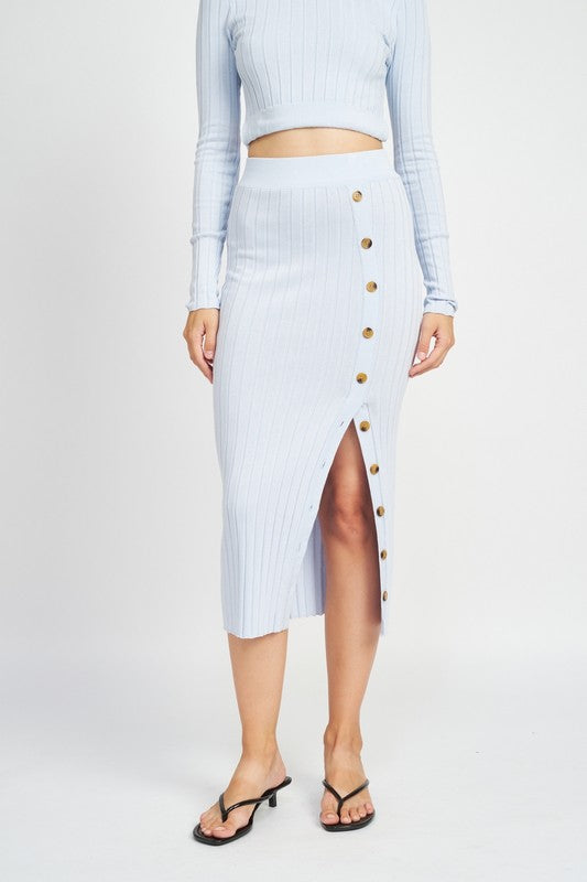 Lt Blue Midi Skirt Wtih Side Button Detail