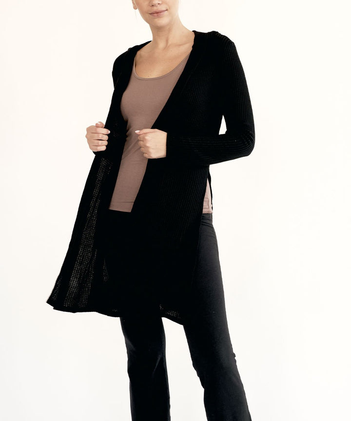 Bamboo Waffle Slim Cardigan With A Hoodie