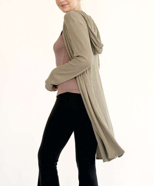 Bamboo Waffle Slim Cardigan With A Hoodie
