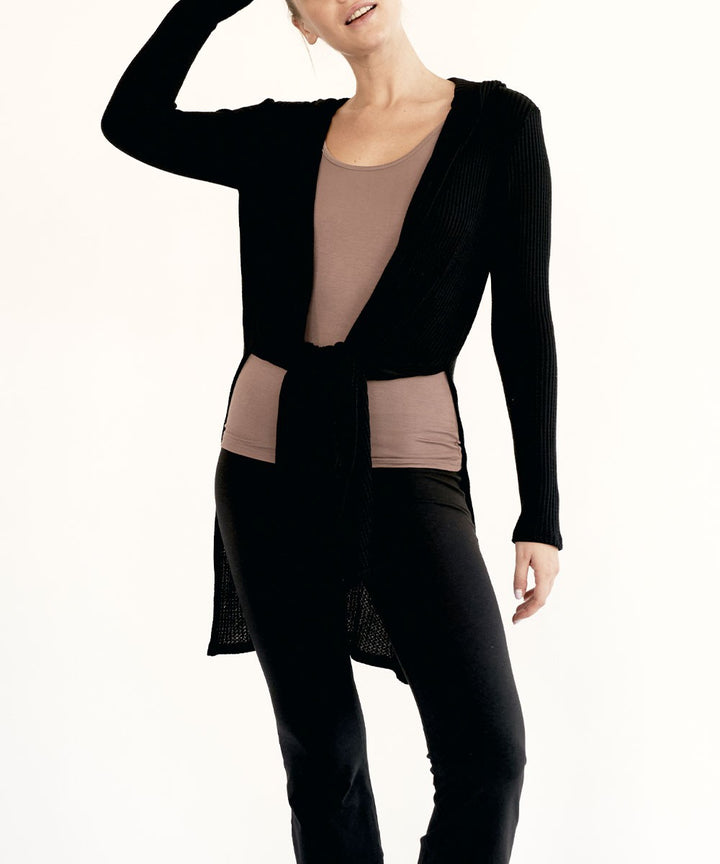 Bamboo Waffle Slim Cardigan With A Hoodie