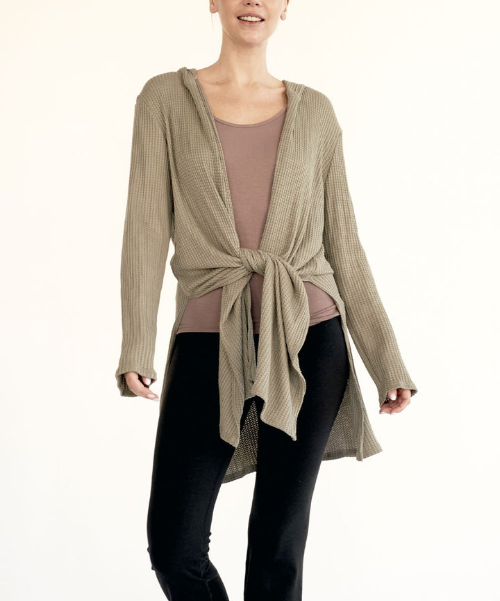 Bamboo Waffle Slim Cardigan With A Hoodie