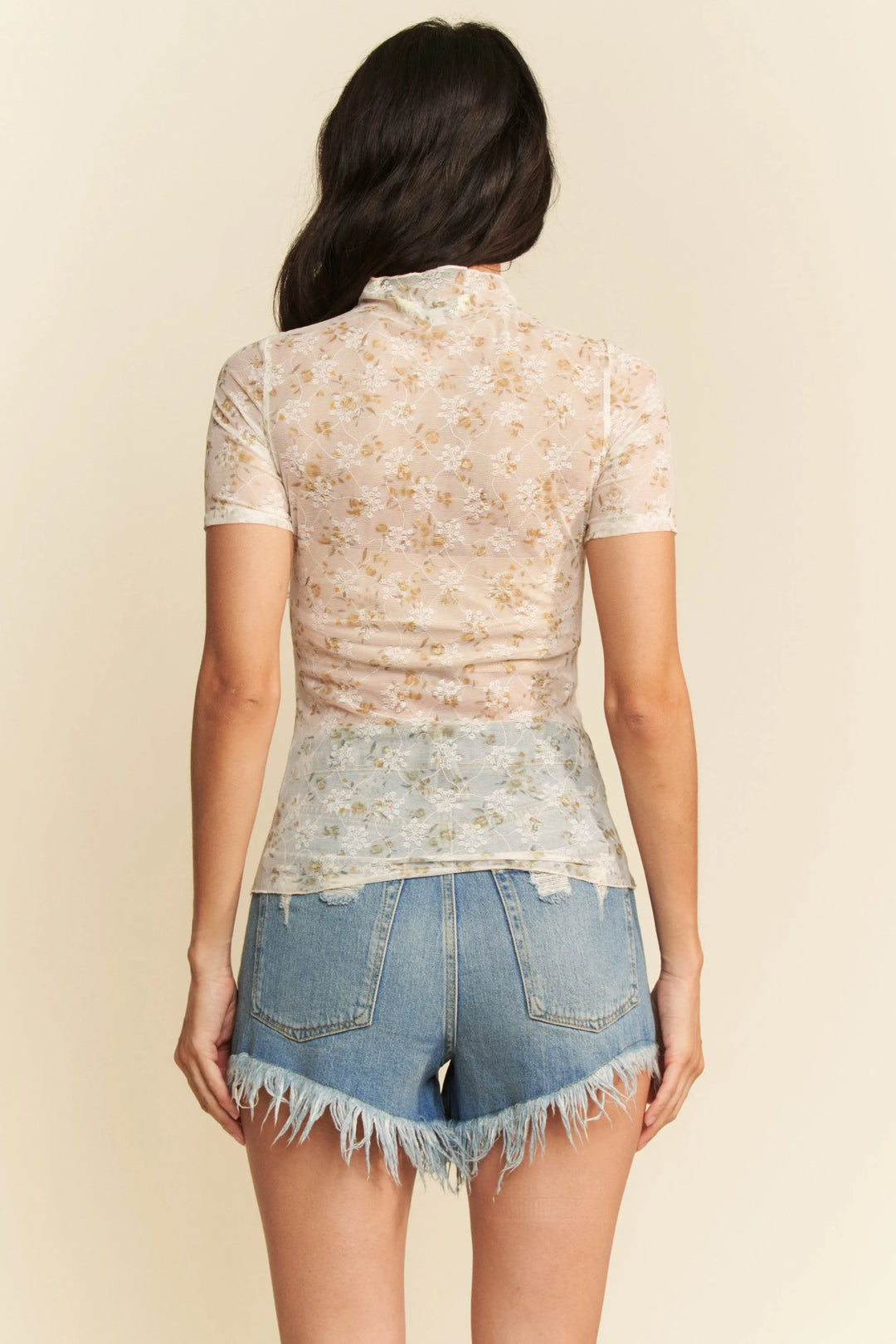 Olive Sage Davi Dani Floral Mesh Mock Neck Short Sleeve Top 1