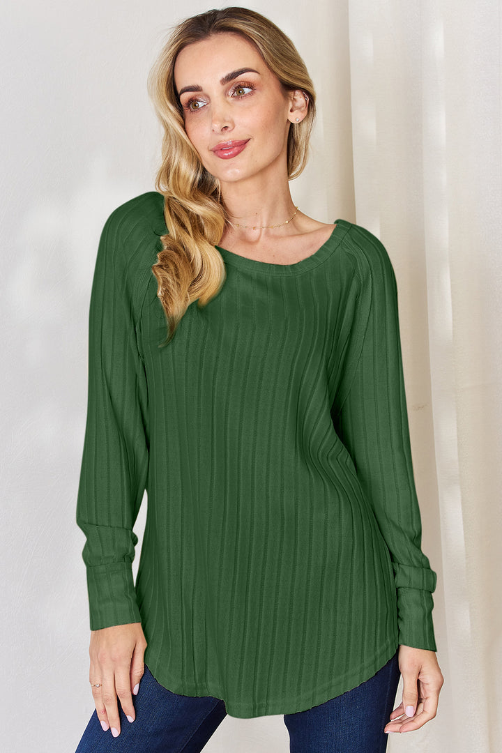 Green Basic Bae Full Size Ribbed Round Neck Slit T Shirt