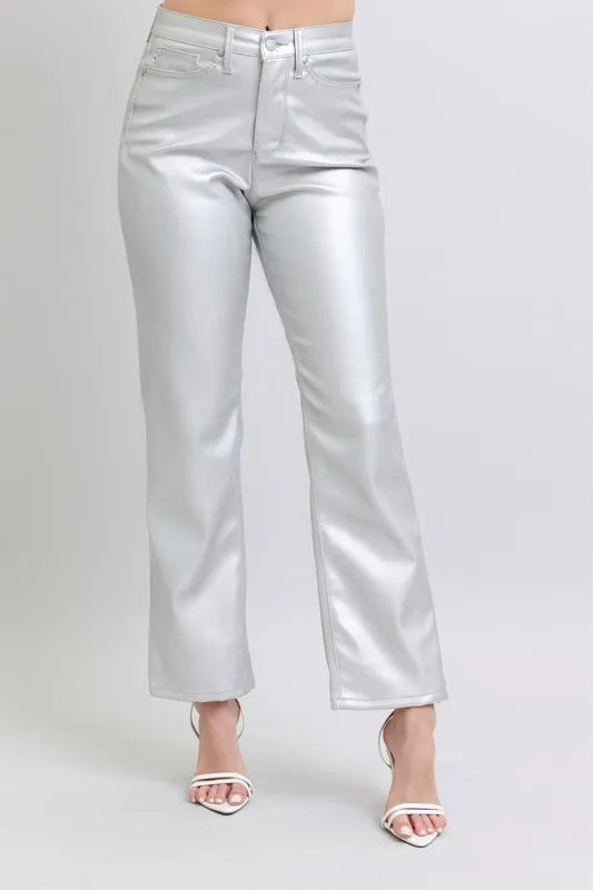 Metallic Silver Judy Blue Full Size High Waist Silver Faux Leather Pants Plus Size