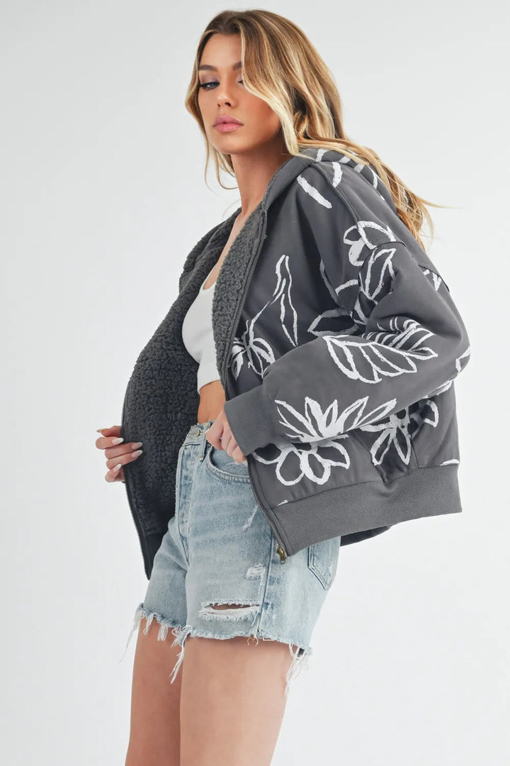 Aemi Co Flower Print Zip Up Sherpa Hoodie