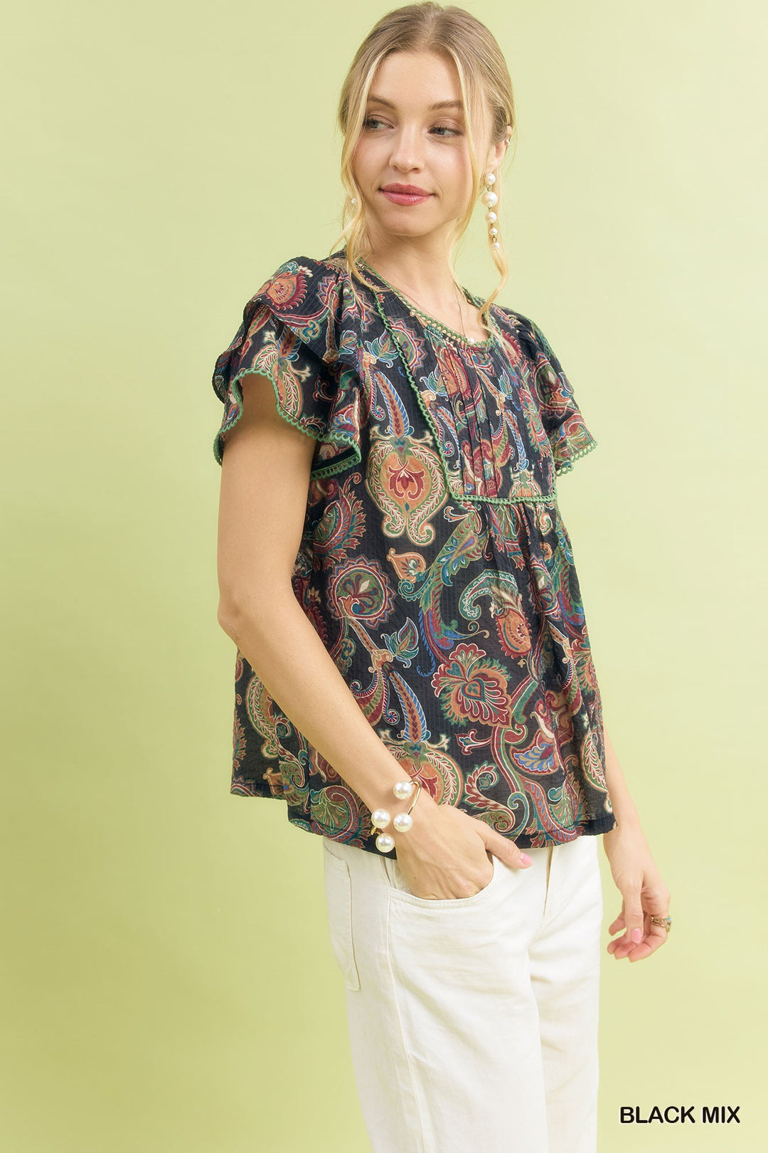 Black Mix Umgee Mix Paisley Ruffle Sleeve Top
