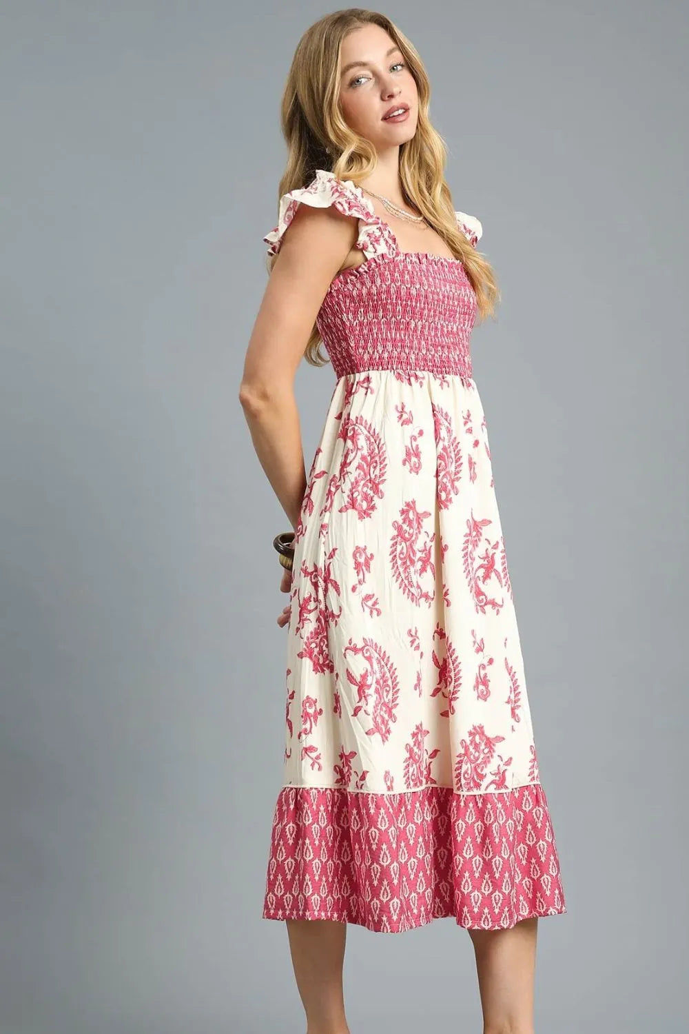 Deep Rose Umgee Printed Smocked Midi Dress With Ruffle Details