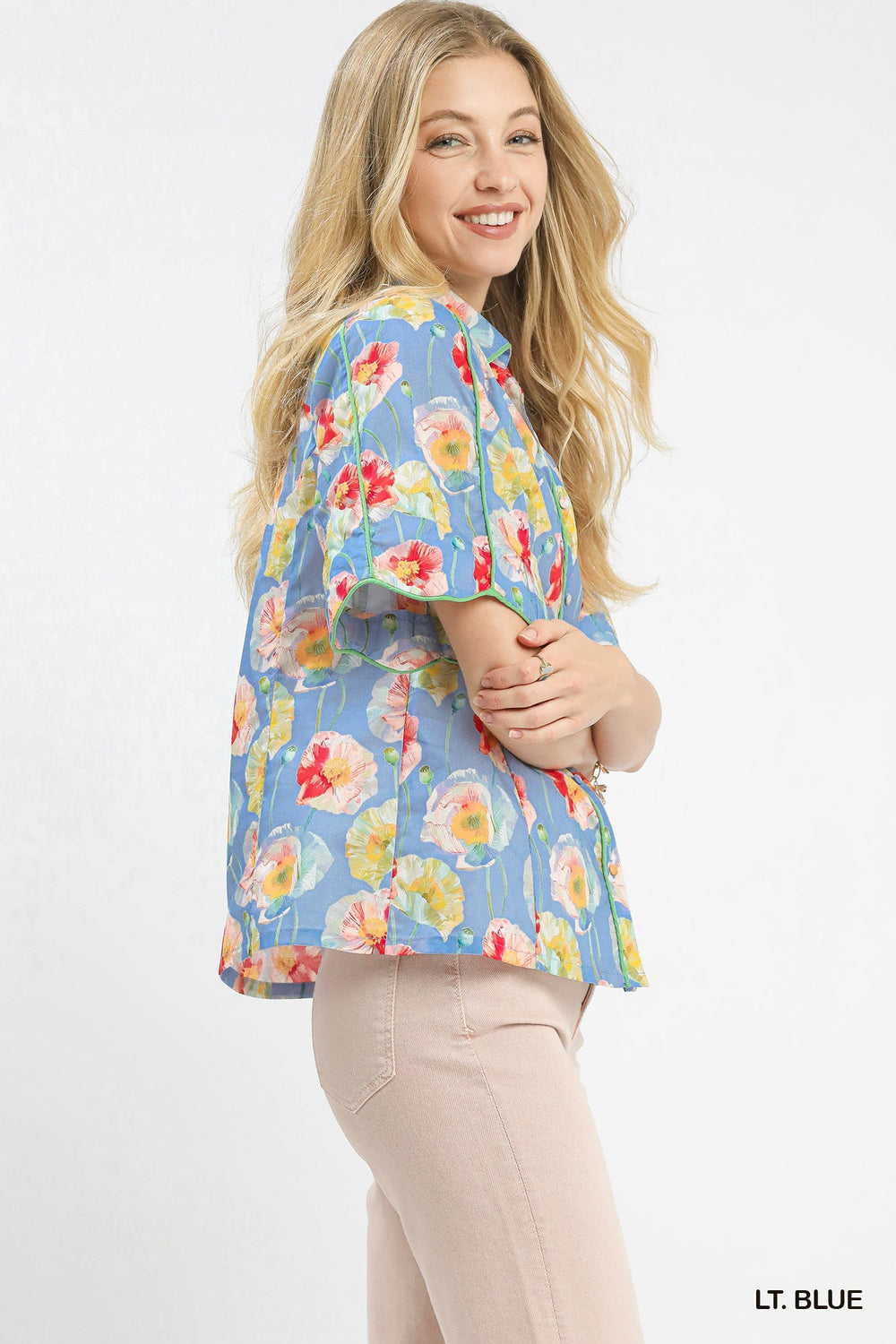 Lt. Blue Umgee Floral Print Button Down Blouse With Flutter Sleeves