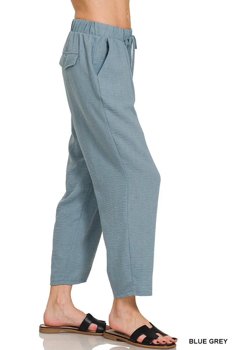 Blue Grey Zenana Woven Crepe Elastic Band Waist Pants 4