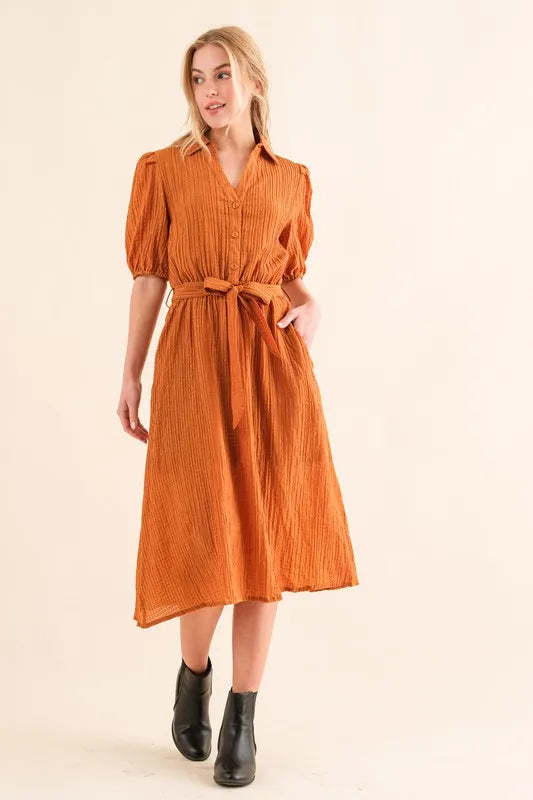 Caramel And The Why Waffle Textured Ribbon Waist Midi Dress 1