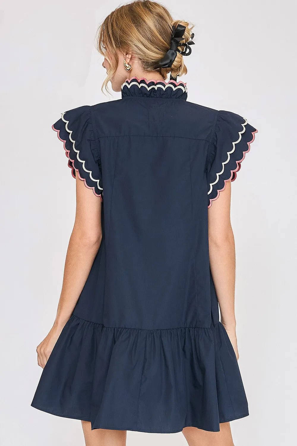 Dark Navy Umgee Full Size Ruffled Scalloped Sleeved Dress Plus Size
