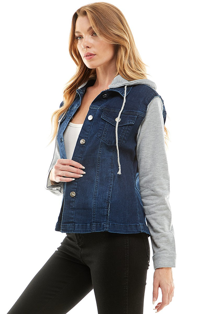 Medium Spendex Ladies Denim Jacket With Fleece Hoodie