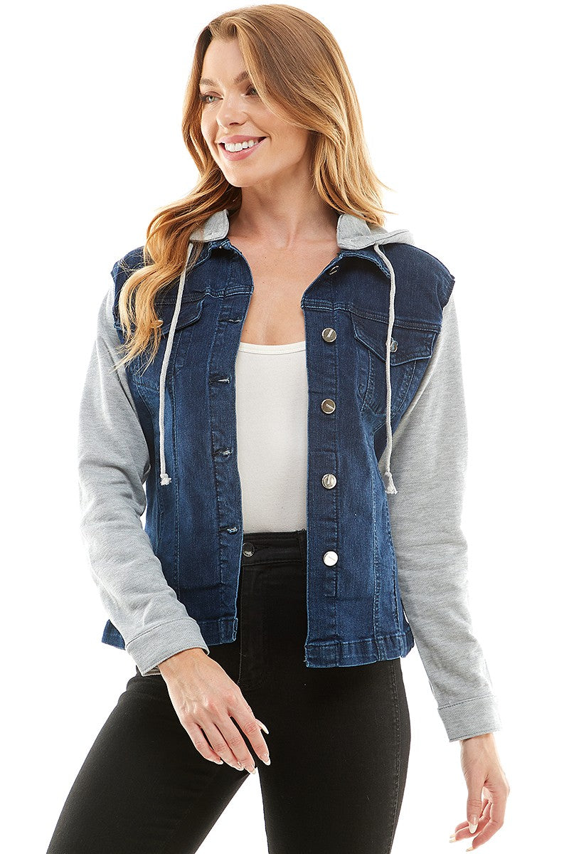 Medium Spendex Ladies Denim Jacket With Fleece Hoodie