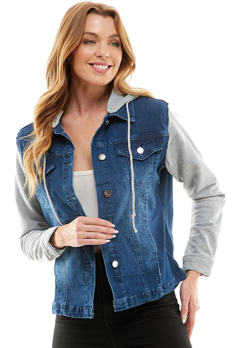 Spendex Ladies Denim Jacket With Fleece Hoodie