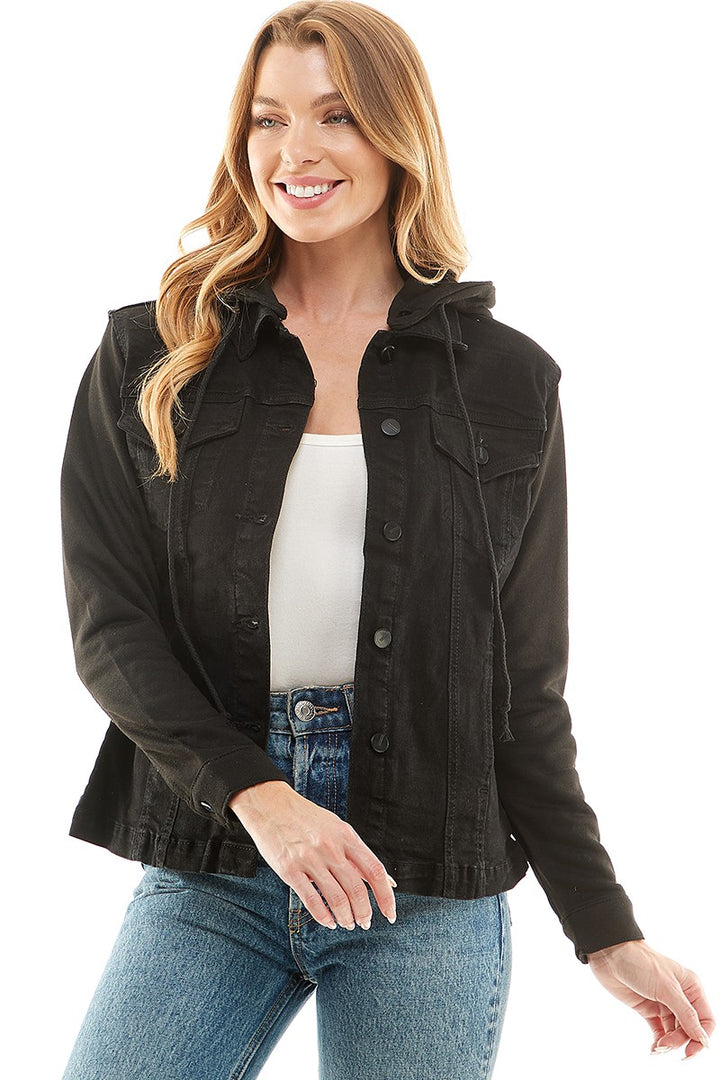 Dark Blue Spendex Ladies Denim Jacket With Fleece Hoodie