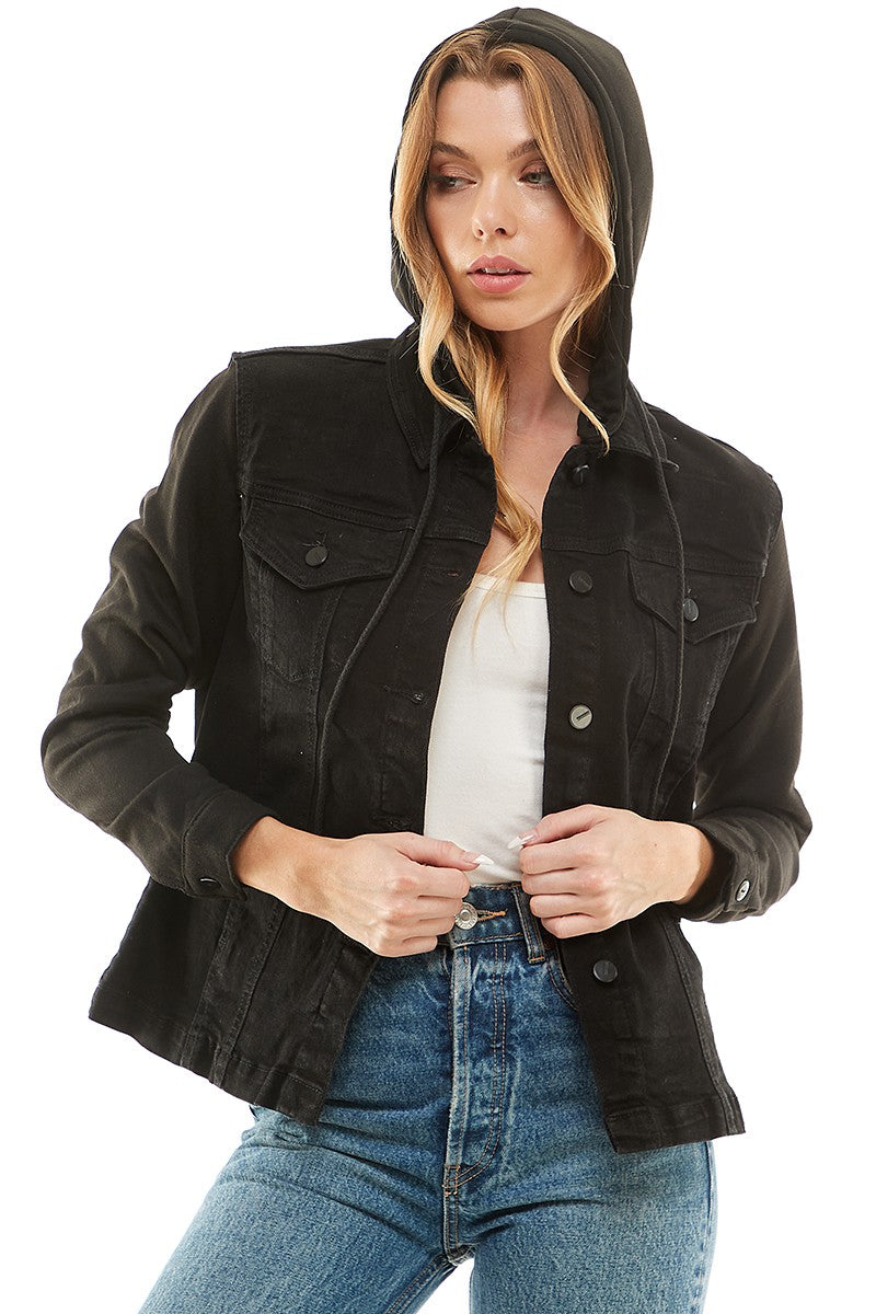 Medium Spendex Ladies Denim Jacket With Fleece Hoodie