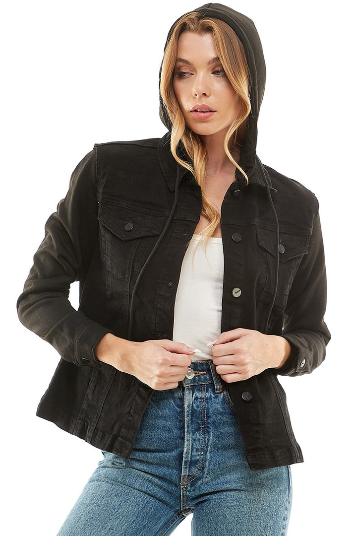 Medium Spendex Ladies Denim Jacket With Fleece Hoodie
