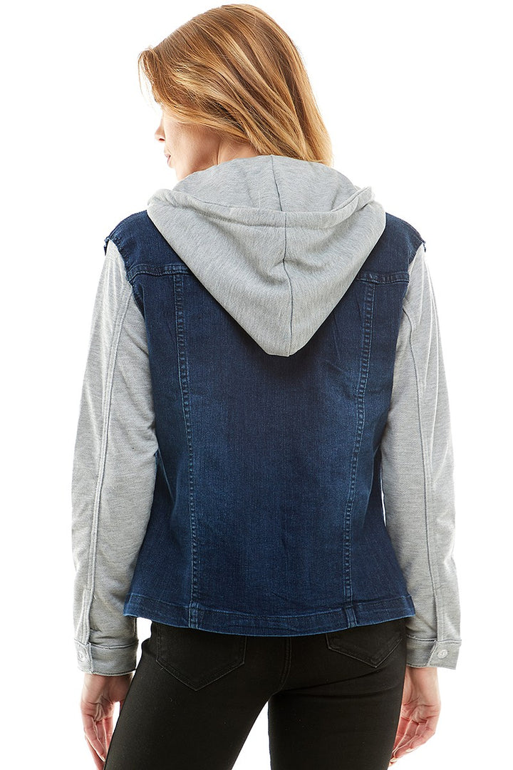 Black Spendex Ladies Denim Jacket With Fleece Hoodie
