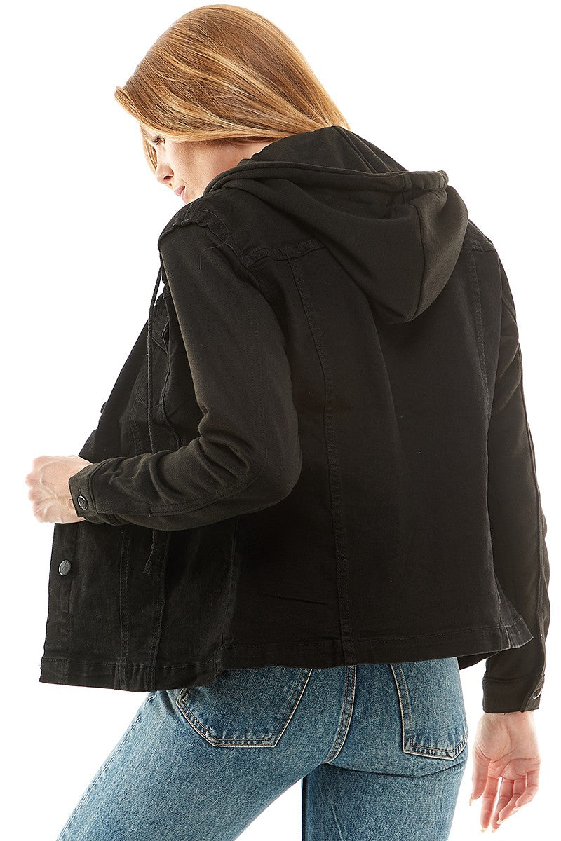 Dark Blue Spendex Ladies Denim Jacket With Fleece Hoodie