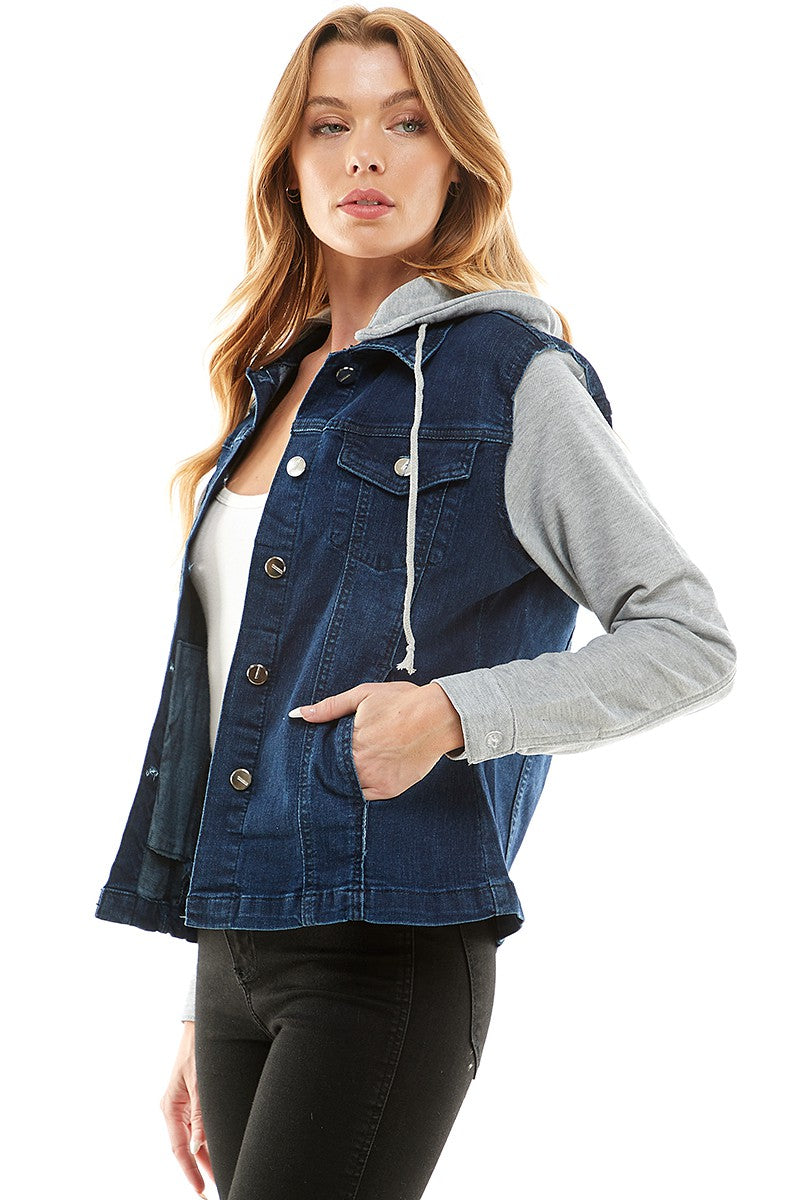 Black Spendex Ladies Denim Jacket With Fleece Hoodie