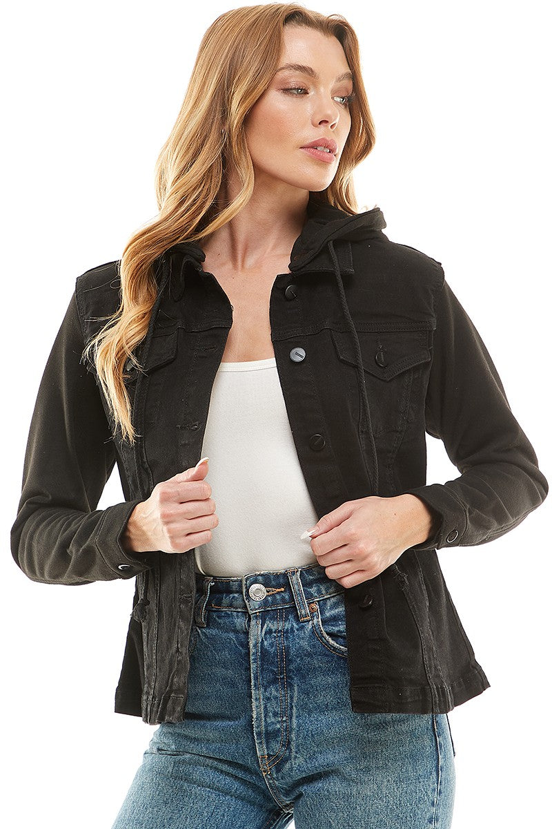Dark Blue Spendex Ladies Denim Jacket With Fleece Hoodie