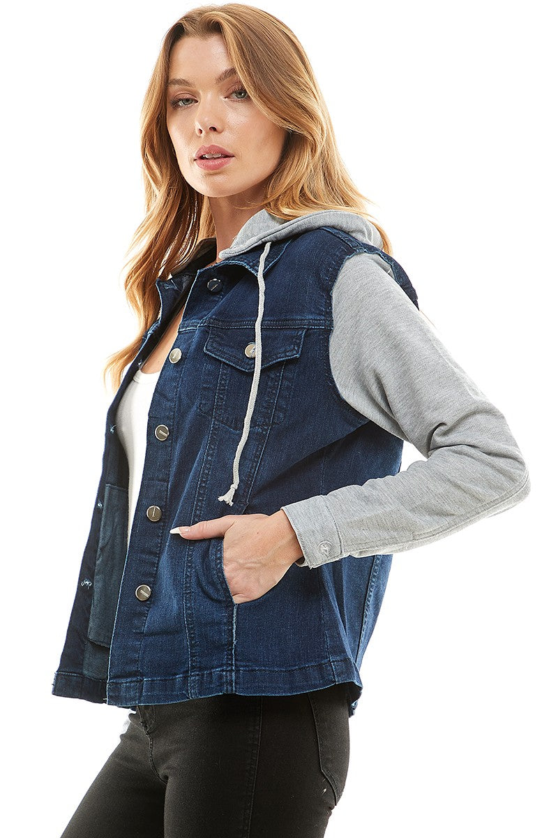 Black Spendex Ladies Denim Jacket With Fleece Hoodie