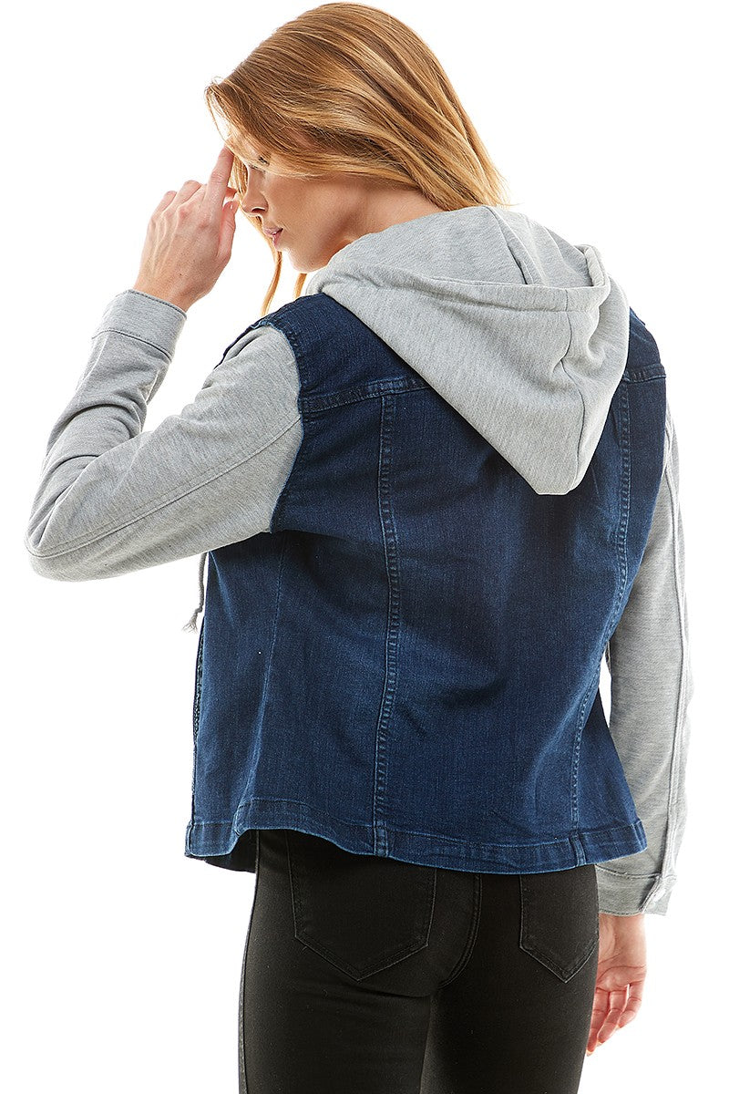 Black Spendex Ladies Denim Jacket With Fleece Hoodie