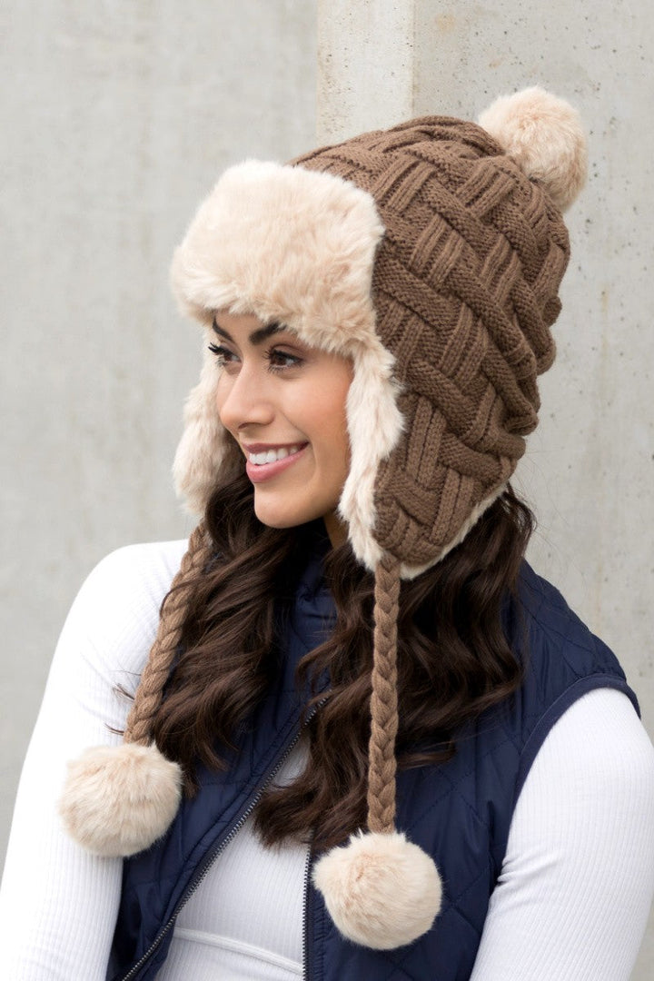 Beige Cable Weave Pom Trapper Hat | Anekay